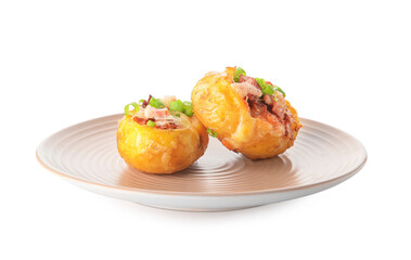 Plate with baked potato on white background