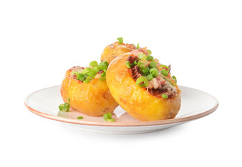 Plate with baked potato on white background