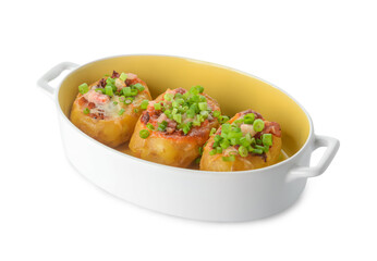 Dish with baked potato on white background