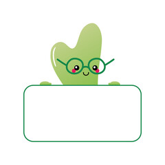 Cute and smart cartoon style jade gua sha beauty tool character holding in hands blank card, banner.
