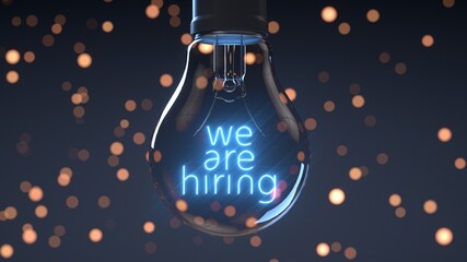 Light bulb on announcing: we are hiring. Blue version.