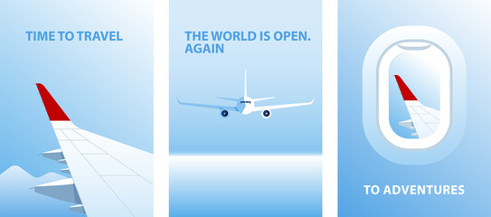 Airplane, airplane wing, porthole. Vector illustration of porthole, plane in the sky, skyline. Air travel concept. Background for poster, banner, cover. Modern vector illustration of aircraft.