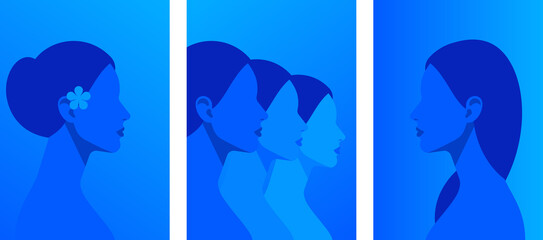 Collection of contemporary art posters - abstract female faces, heads, shoulders. Abstract blue silhouettes. Set of illustrations for poster, cover, announcement, print. Modern vector illustration.