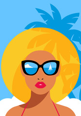Beautiful woman in straw hat and sunglasses. Summer poster with female face, blue sky, palm trees. Illustration for summer event, beach party. Resort Vacation concept. Contemporary trendy art.