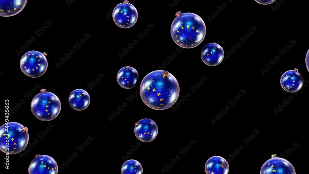 Poster realistic looping 3d animation of the falling european union flag christmas balls rendered in uhd wi