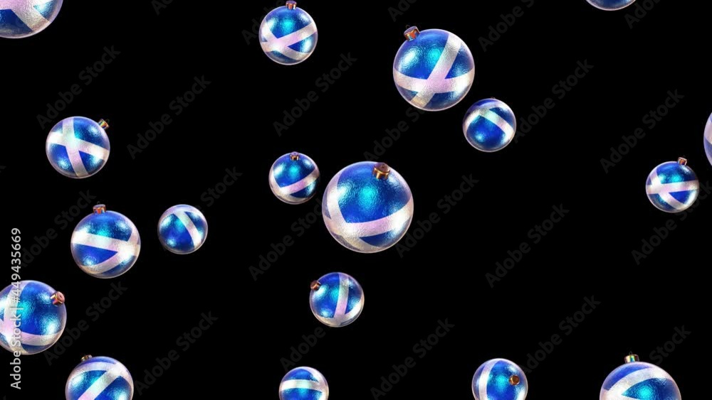 Poster realistic looping 3d animation of the falling scotland national flag christmas balls rendered in uhd