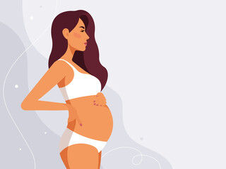 Pregnant woman with her tummy. Realistic female portrait - beautiful face, long hair, white skin, caucasian ethnicity. Beauty dressed in white underwear touching the belly. Side view. Perfect vector.