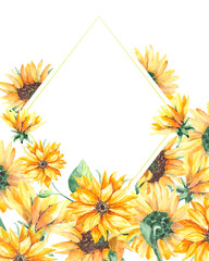 Botanical postcard with sunflowers and green leaves with a space for text in the shape of a diamond.