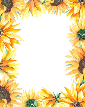 Watercolor frame with yellow sunflowers and green leaves on a white background. A bright botanical composition for postcards, posters, invitations with space for text.