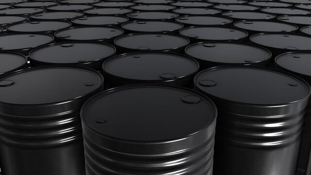 Realistic tracking camera looping 3D animation of black oil barrels rendered in UHD as motion background 