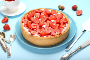 Composition with tasty strawberry pie on color background