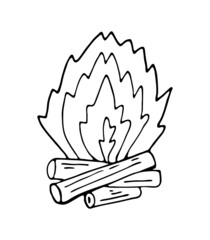 Black outline fire vector illustration. Hand drawn sketch of campfire isolated on white background.