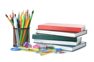 Fototapeta premium Holder with pencils, stationery and books on white background