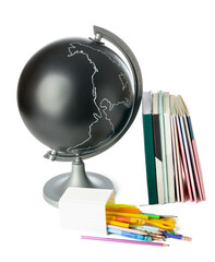 Globe,  holder with pencils and stationery on white background