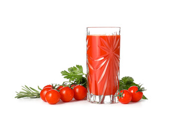 Glass of tasty tomato juice on white background