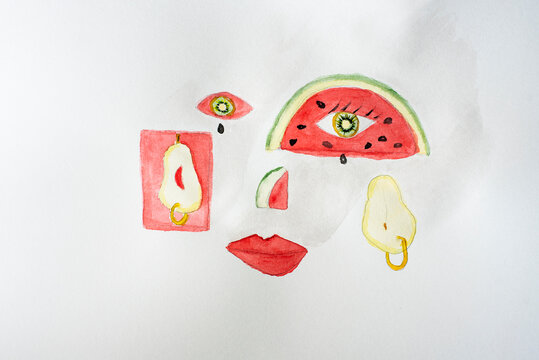 Watermelon girl. Humanization food. French charm chic. Watercolor illustration 