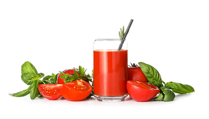 Glass of tasty tomato juice on white background
