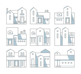 Vector set of nine grey and white houses on white background.