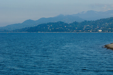 View of the Black Sea and distant hazy mountains
