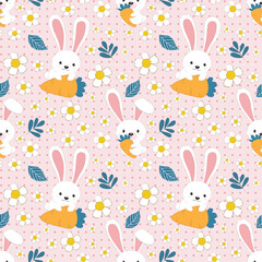 seamless pattern with pink rabbits.Hand Drawn Cute Bunny Pattern, print design rabbit background.