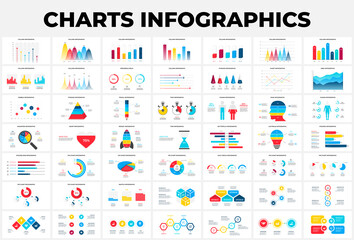 Fototapeta na wymiar Bundle with area, bubble and progress charts infographic design templates. 49 modern flat vector illustrations for presentation. Annual report