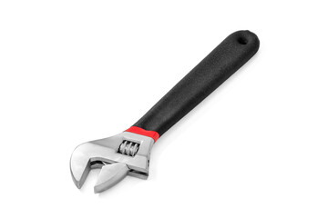 Small adjustable wrench with black handle. Hand tool. Close-up. Isolated on a white background.