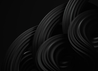 Abstract black wavy fluid forms on black background. Twisted shapes. Volumetric digital artwork. 3d render.