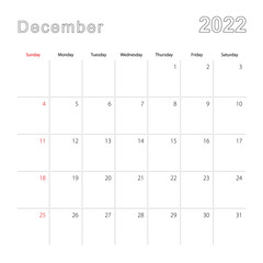 Simple wall calendar for December 2022 with dotted lines. The calendar is in English, week start from Sunday.