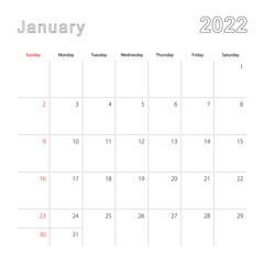Simple wall calendar for January 2022 with dotted lines. The calendar is in English, week start from Sunday.