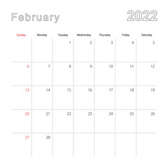 Simple wall calendar for February 2022 with dotted lines. The calendar is in English, week start from Sunday.