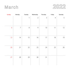 Simple wall calendar for March 2022 with dotted lines. The calendar is in English, week start from Sunday.