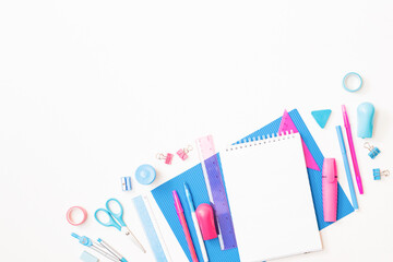 Flat lay school and office supplies on a white background