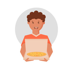 smiling guy holding an open box of pizza