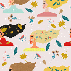 Seamless pattern of female heads in different seasons of the year like summer, winter, spring and autumn. With elements like flowers, snow, autumn and spring leaves. Vector illustration