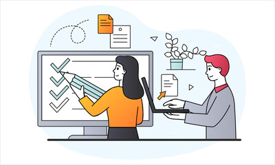 Experiences and Satisfaction Concept. Man holds laptop, woman notes completed tasks. People Characters Filling Test in Customer Survey Form. Cartoon doodle flat vector illustration on white background