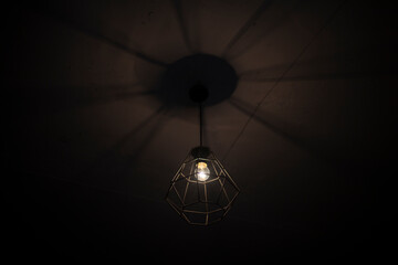 The gloomy light in the room. The lamp under the ceiling on the cord.