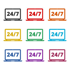 Laptop 24 hour service support color icon set