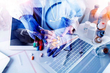 medical technology or medical network. doctor using digital tablet with screen interface.