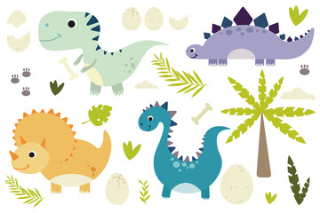 Plakat Set of cute dinosaurs with tropical leaves and palm, clouds and egg.Children's funny characters.Flat vector graphics