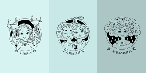Zodiac signs. Astrological black and white icons of the element of air. A set of pretty girls with different hairstyles. Astronomy. Vector illustration isolated on a colored background.