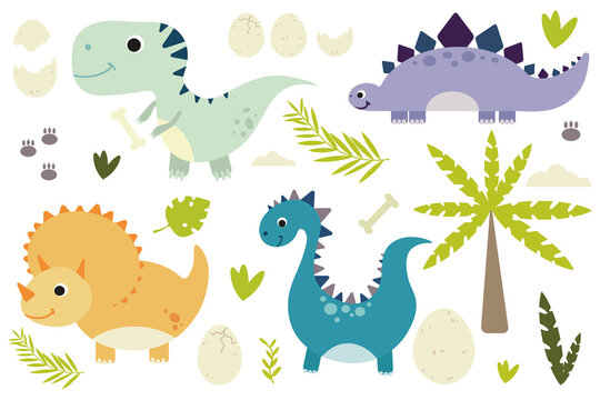 Set of cute dinosaurs with tropical leaves and palm, clouds and egg.Children's funny characters.Flat vector graphics