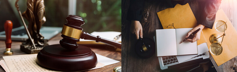 Business and lawyers discussing contract papers with brass scale on desk in office. Law, legal...