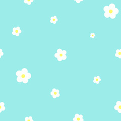 Seamless strawberry flowers pattern. Square simple white flowers on  light blue background for printing, wrapping, fabric, textile, decoration. Strawberry flowers in random position. 