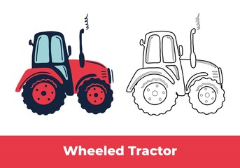 Coloring page and colorful clipart. Hand drawn red wheeled tractor and black contour sketch. Cute kids vector illustration.