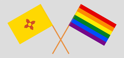 Crossed flags of the State of New Mexico and LGBTQ. Official colors. Correct proportion