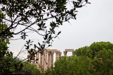 View on Temple of Olympian Zeus in greenery, Athens, Greece. Ancient remains on gray sky hidden in bush