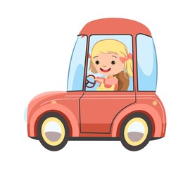 Childrens car. Kid girl rides on funny retro automobile. Toy vehicle. With a motor. Cute passenger auto. Isolated on white background. Vector