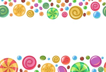 Sweets and scattered. Seamless frame. Horizontal. Assorted dessert interspersed. Candy caramel. Border seamless. Flat Background illustration. Vector
