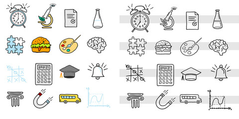 Back to school. Set of various design elements with colored fill and lines. Alarm clock, puzzle, burger, brain and more. Hand drawing, curved lines. Vector illustration