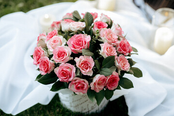 gorgeous morning bridal bouquet from the groom close-up